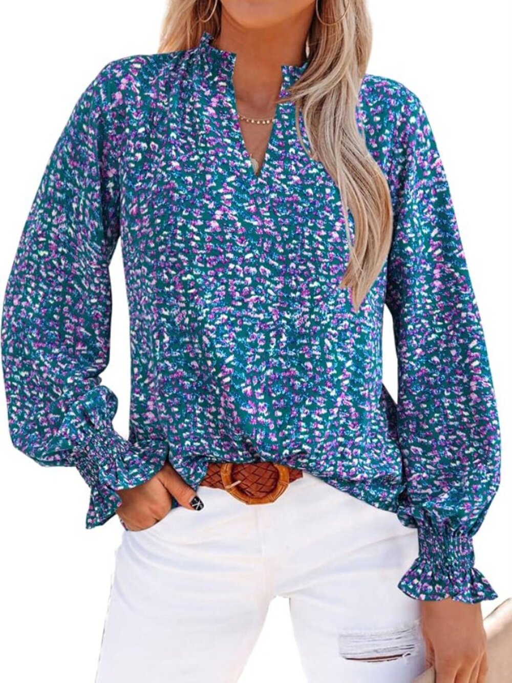 NWOT mascomoda Boho Teal Purple Floral Chiffon Ruffle Balloon Sleeve Blouse L